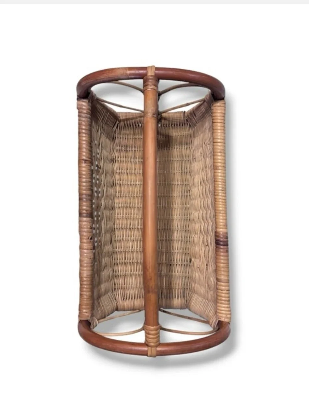 VINTAGE Bamboo Wicker Rattan Woven Magazine Holder Heart End Details